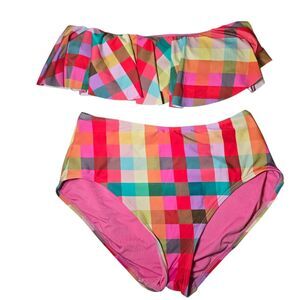 Kate Spade Orange Ruffle Bandeau Bikini Top & Bottom Swim Sz M Sz L Bathingsuit